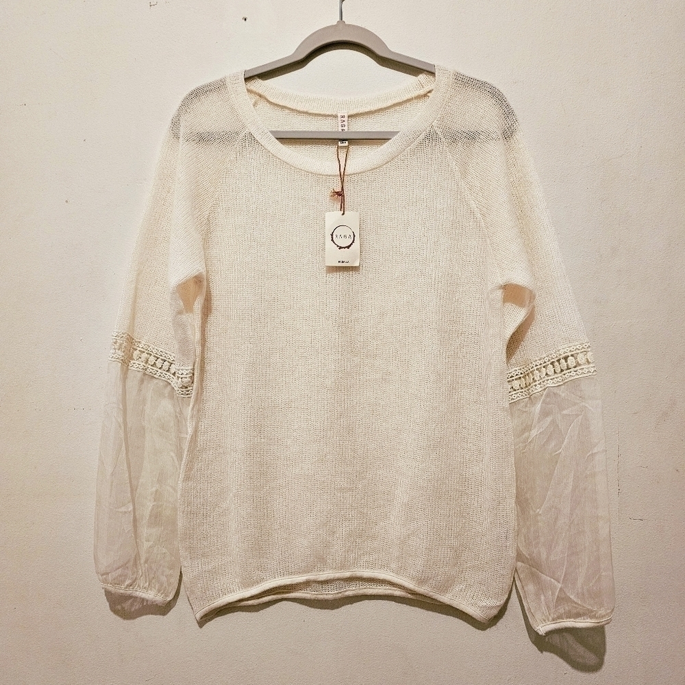RAGA Anthropologie Sheer Open Knit Boho Tule Sleeve Sweater